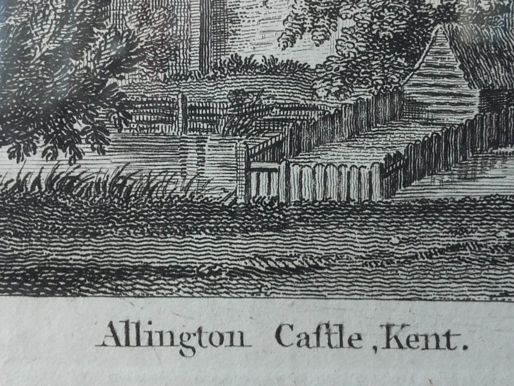 Mooie antieke ingelijste Engelse ets van Allington castle., Ingelijst, 1800 - 1899, Ophalen of Verzenden, Gravure