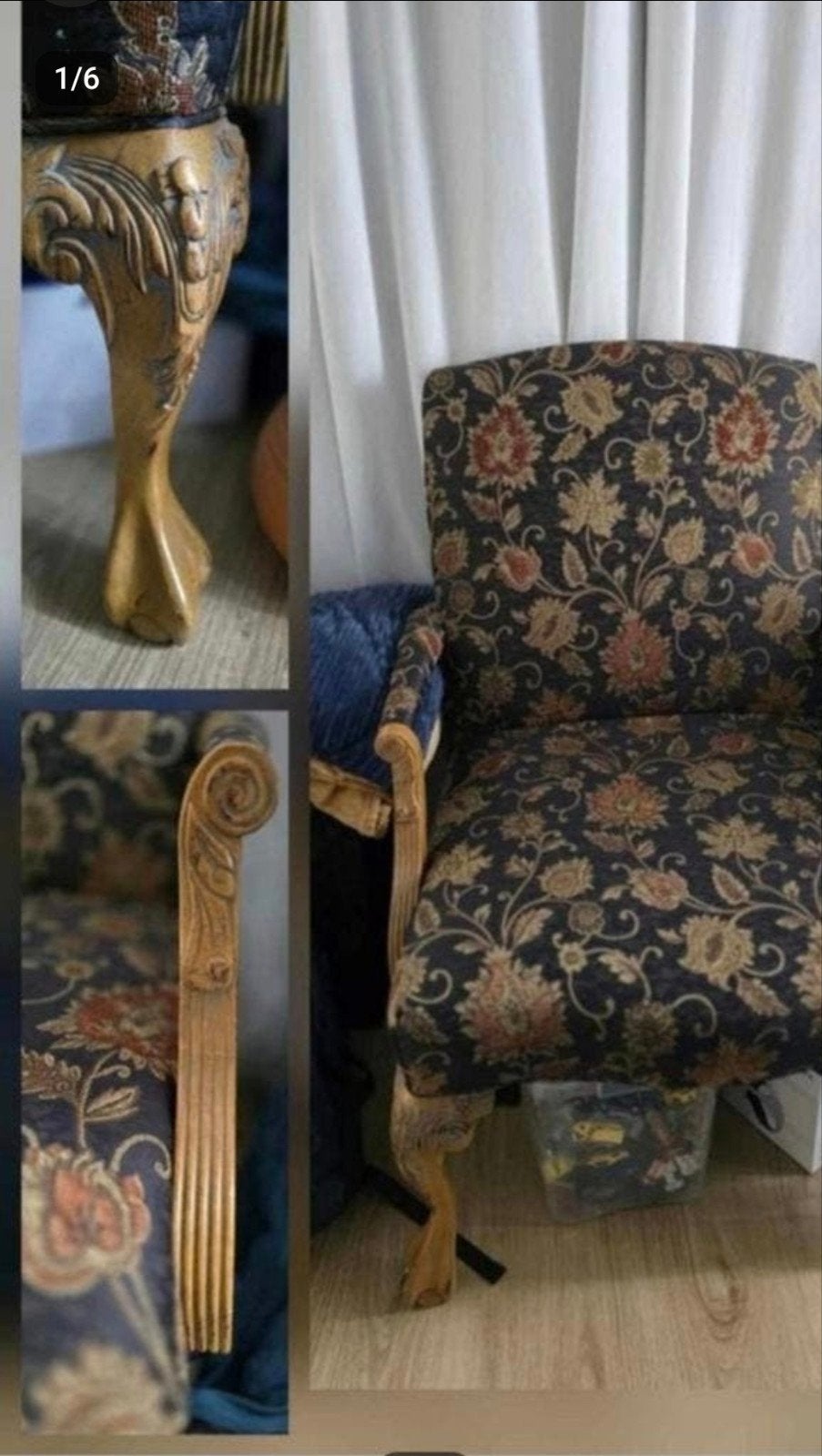 Antieke fauteuil met bloemmotief en houtsnijwerk, Ophalen of Verzenden