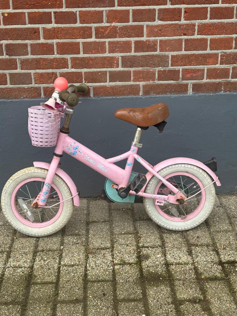 Roze kinderfiets met mandje en toeter, Ophalen, Gebruikt, Terugtraprem, Minder dan 16 inch