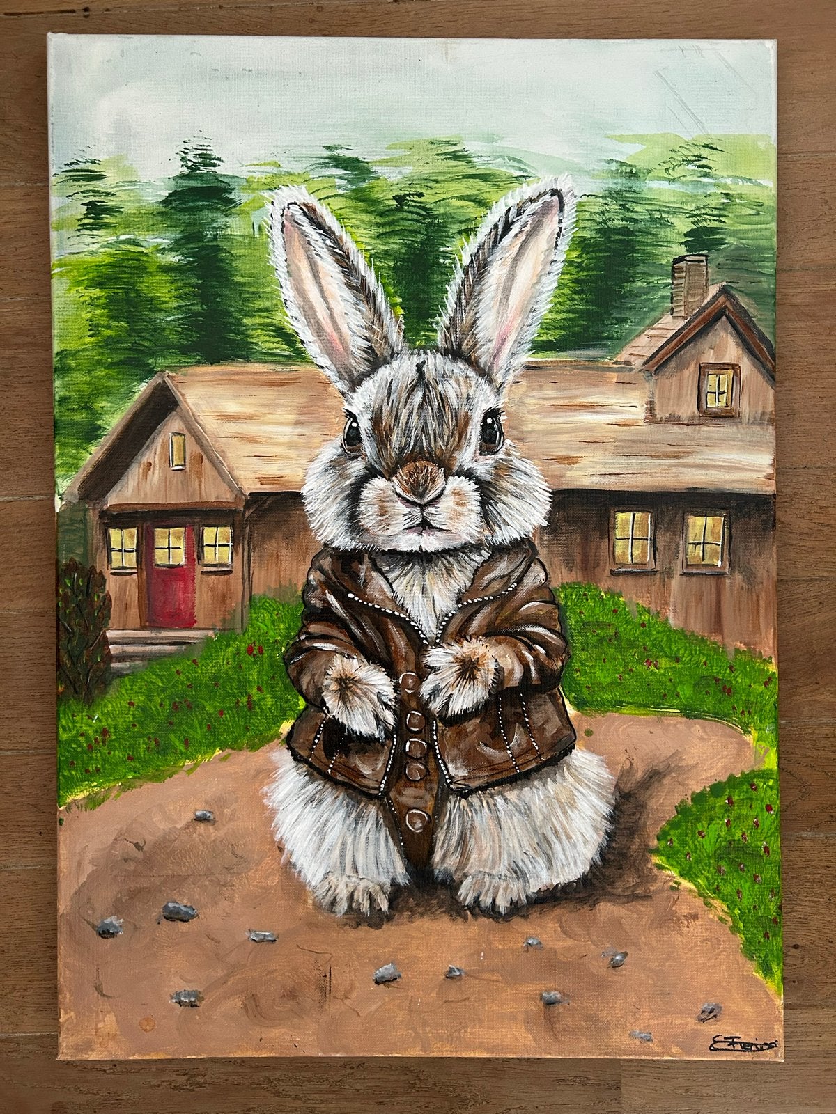 Schilderij konijn met jas, 50x70 cm, Acrylverf, Ophalen of Verzenden, Dieren, Overige materialen