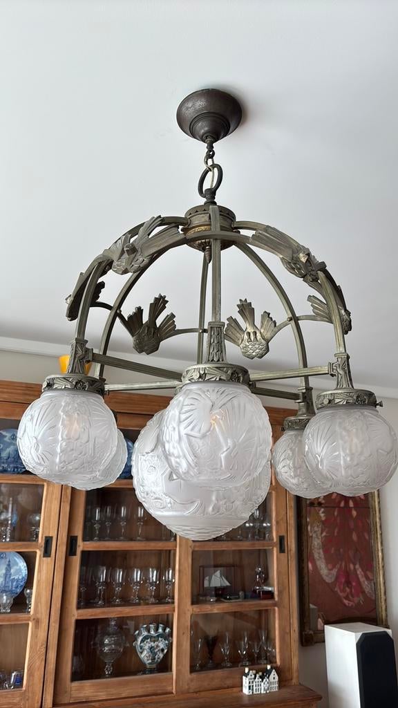 Art Deco Kroonluchter brons vertind., Ophalen of Verzenden, Zo goed als nieuw, Glas