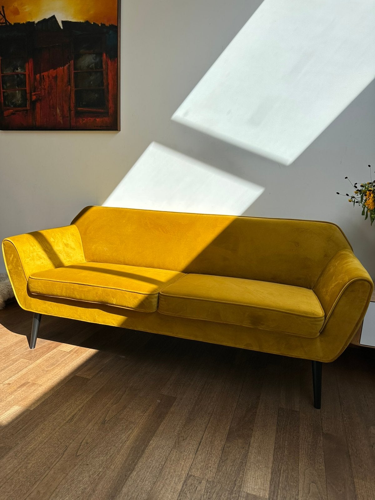 Bank (merk Woood, model Rocco) oker 185x77x76cm (BxHxD), Overige materialen, 150 tot 200 cm, Driepersoons, 75 tot 100 cm