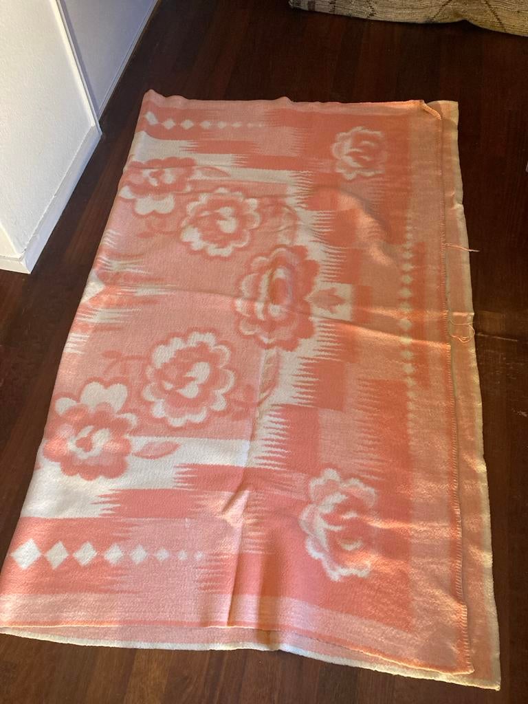 Vintage Roze Wollen Deken met Bloemen, Ophalen of Verzenden