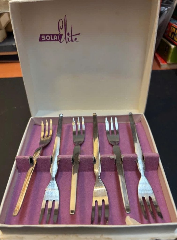 Sola Elite vintage doosje met 6 gebaksvorkjes, Ophalen of Verzenden