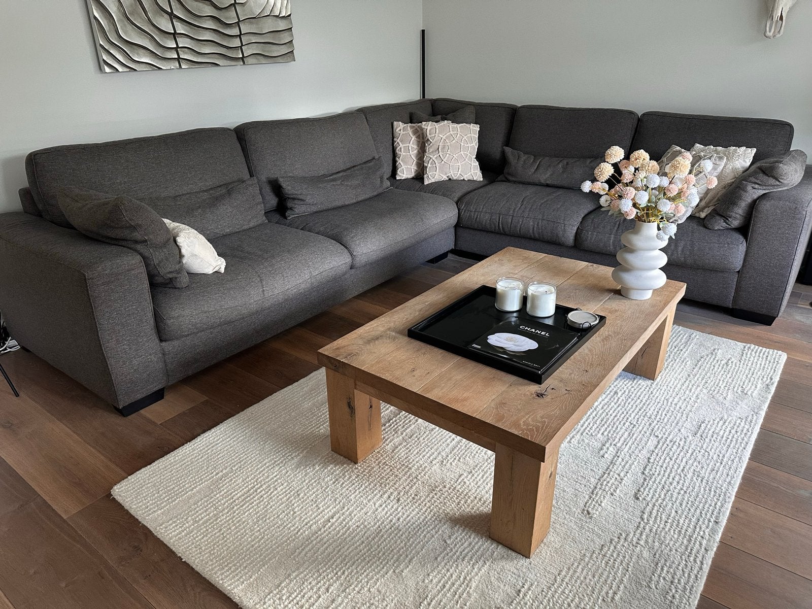 Comfortabele Hoekbank - Grijze stof, Huis en Inrichting, Ophalen, 100 tot 125 cm, Hoekbank, 300 cm of meer