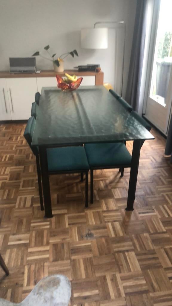 Glazen design tafel 90/2mtr a la corbusier, Huis en Inrichting, Tafels | Eettafels, Ophalen of Verzenden, Gebruikt, Rechthoekig