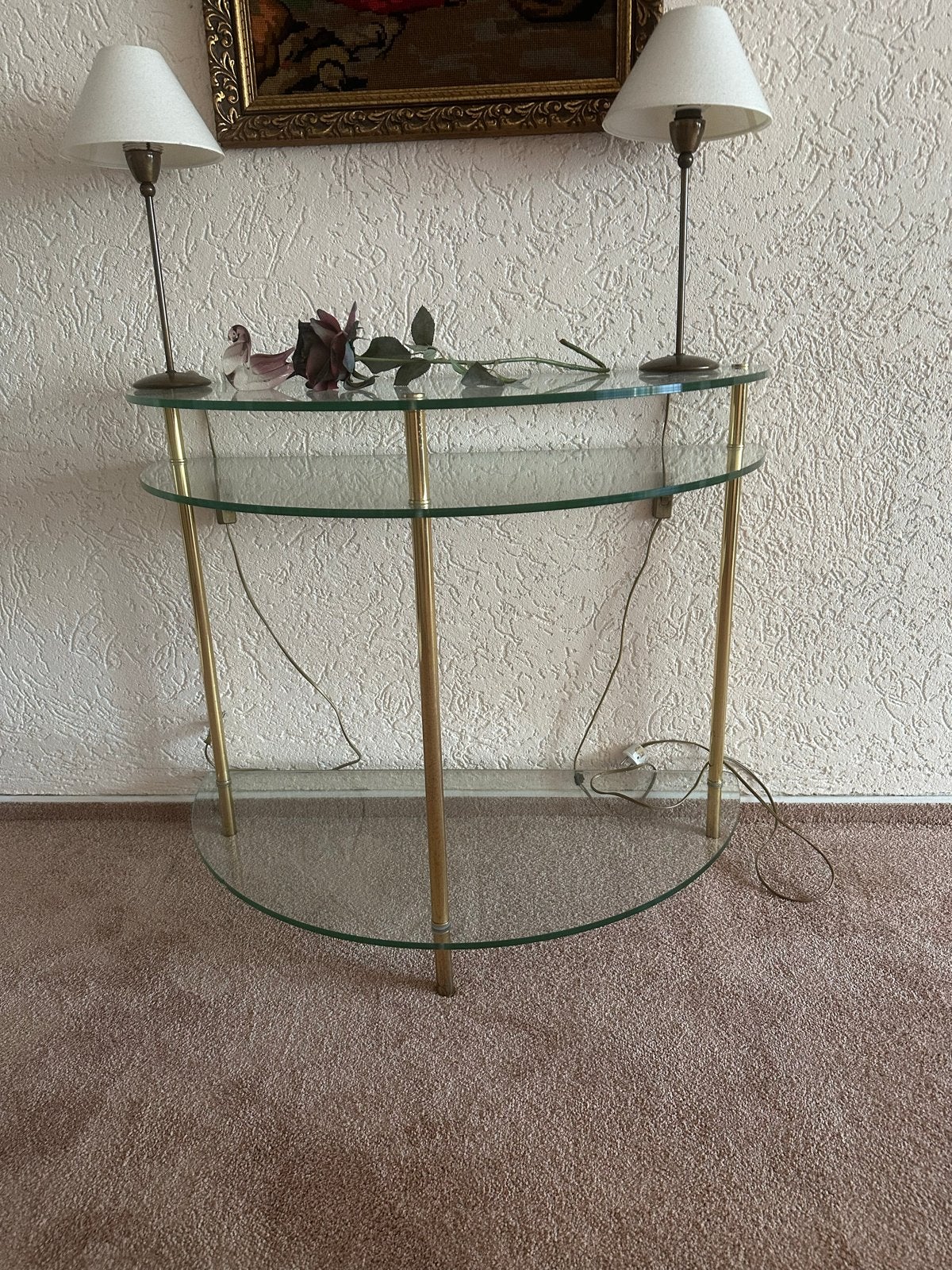 Glazen halfronde sidetable met gouden poten, Ophalen, Modern klassiek, 75 cm of meer, Overige vormen