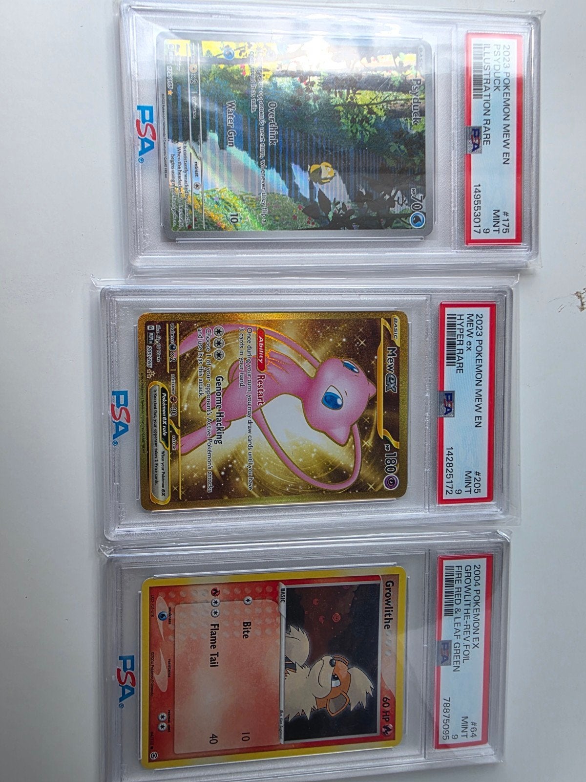 3x PSA 9 Pokemon Kaarten: Mew ex, Psyduck, Growlithe, Ophalen, Zo goed als nieuw, Meerdere kaarten, Foil