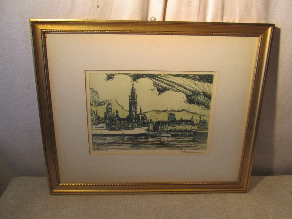 Mooie Gravure 'Zicht op Antwerpen en Schelde' - Roman, Antiek en Kunst, Ophalen of Verzenden, Landschap, Gravure, Ingelijst