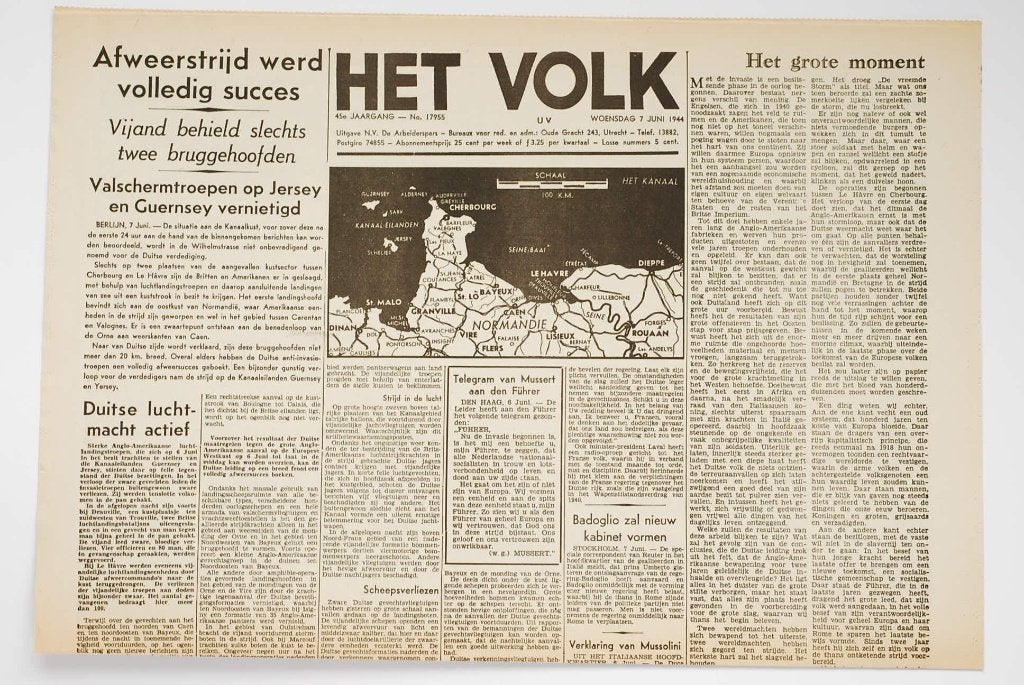 Het Volk D-Day 07-06-1944 herdruk krant Tweede Wereldoorlog, Verzamelen, Militaria | Tweede Wereldoorlog, Zo goed als nieuw, Verzenden