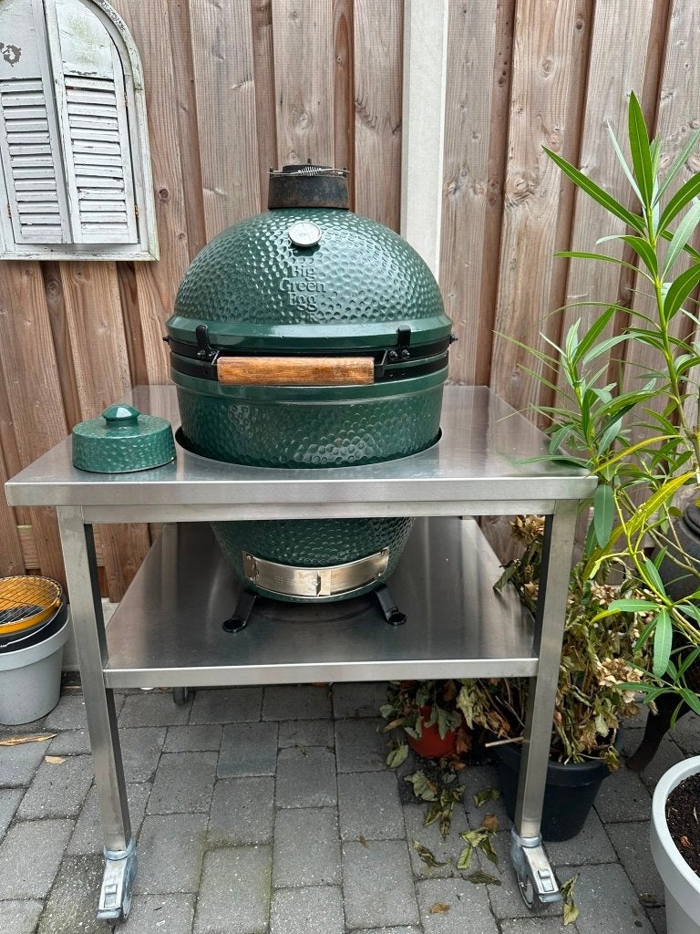 Big Green Egg Large incl. RVS Horeca Tafel + Accessories, Tuin en Terras, Ophalen, Gebruikt, Big Green Egg (origineel), Met accessoires