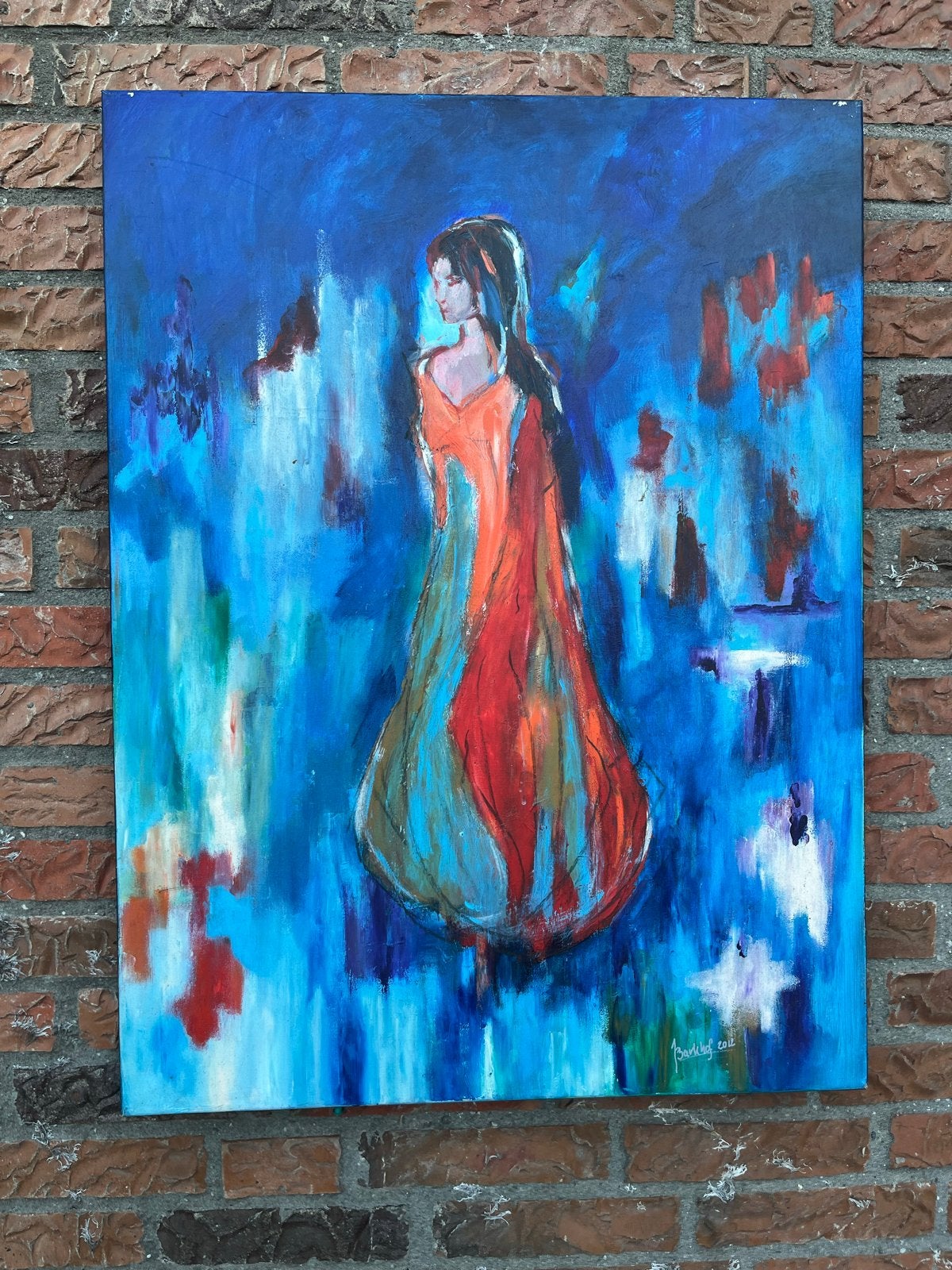 Schilderij 'De Naam' - Vrouw in Oranje Jurk, Ophalen