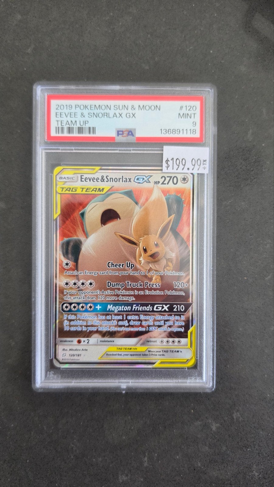 PSA 9 MINT Eevee & Snorlax GX 120/181 Team Up Pokémon Kaart, Ophalen of Verzenden, Nieuw, Losse kaart, Foil