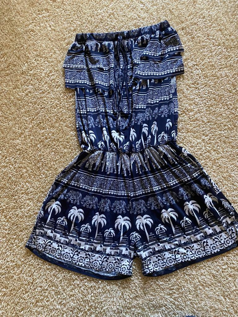 Strapless Jumpsuit/playsuit donker blauw wit mt S, Kleding | Dames, Jumpsuits, Ophalen of Verzenden, Zo goed als nieuw, Maat 36 (S)