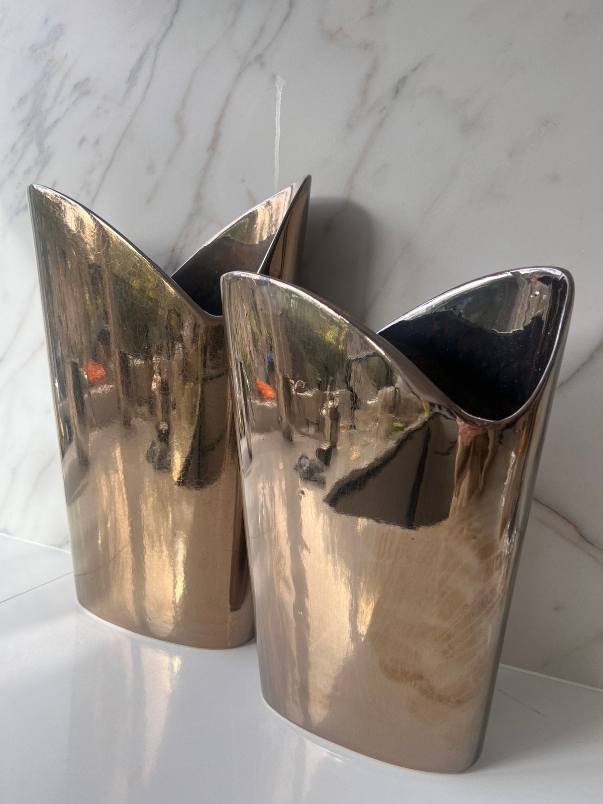 LUXE VAZEN SET KOPER / GOUD METALLIC KERAMIEK SMALLE VAAS, Huis en Inrichting, 41 cm, Ophalen of Verzenden, Zo goed als nieuw