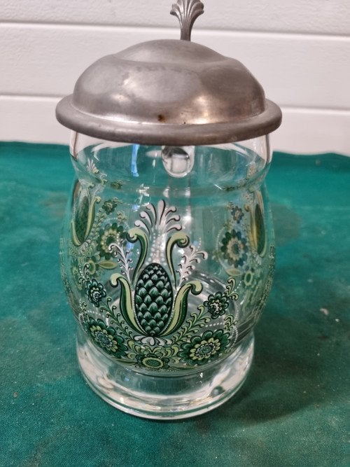 bierpul glas gedecoreed groen met tinnen deksel, Verzamelen, Ophalen of Verzenden, 'T Olde Gre-j, Info@toldegrej.nl, Endepoelstraat 20f Didam