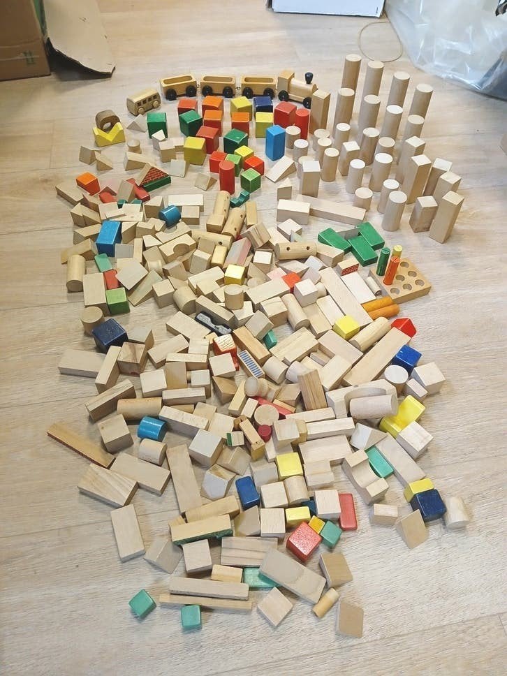 Grote set houten speelgoed blokken en locomotief, Ophalen of Verzenden