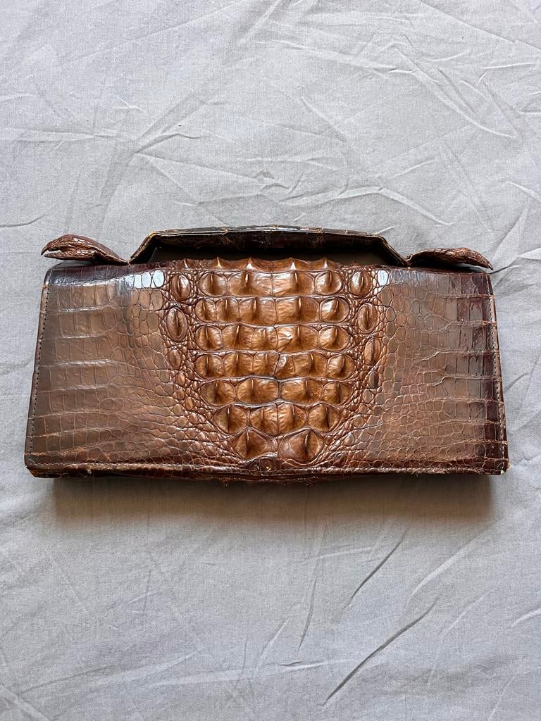 Vintage Dames Handtas Jaren '50/'60 Krokodillenleer Bruin, Ophalen of Verzenden, Gebruikt, Bruin, Handtas