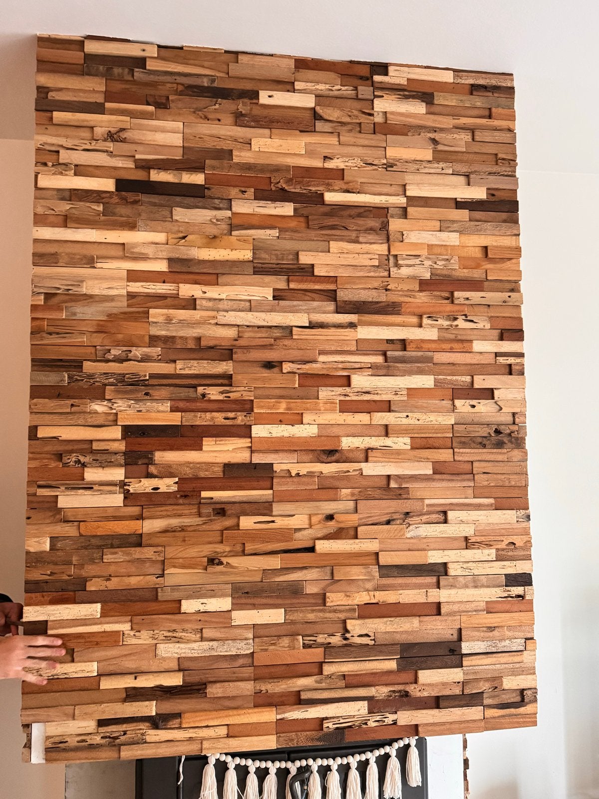 Houten wandbekleding voor open haard of muur/ Houtstrip Teak, Huis en Inrichting, Hout, Meerkleurig, Ophalen of Verzenden, Zo goed als nieuw