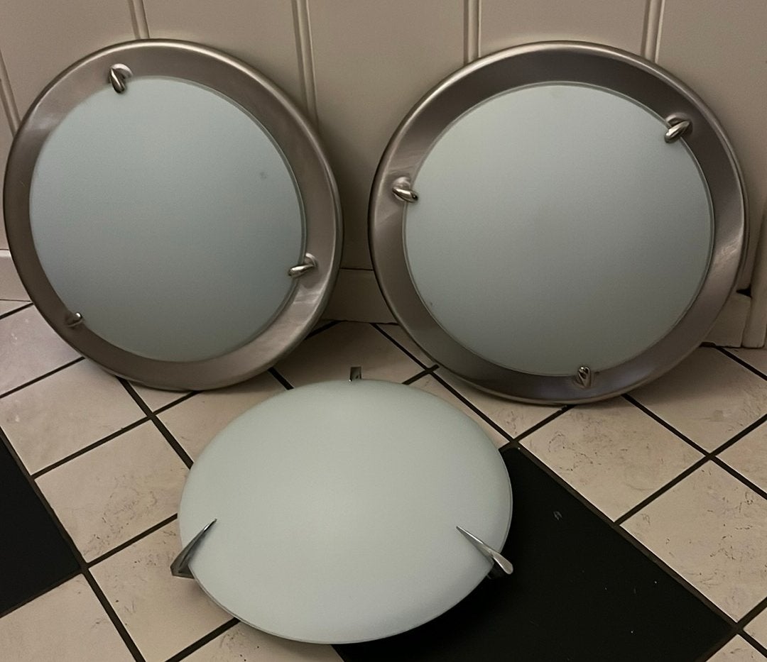 Drie plafonnières glas/chrome, Huis en Inrichting, Ophalen of Verzenden, Zo goed als nieuw, Plafondlamp, Glas