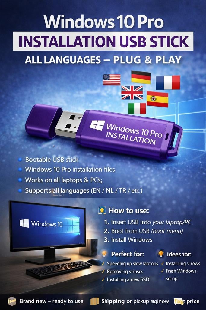Windows 10 Pro Installation USB Stick – All Languages – Plug, Computers en Software, Besturingssoftware, Ophalen of Verzenden