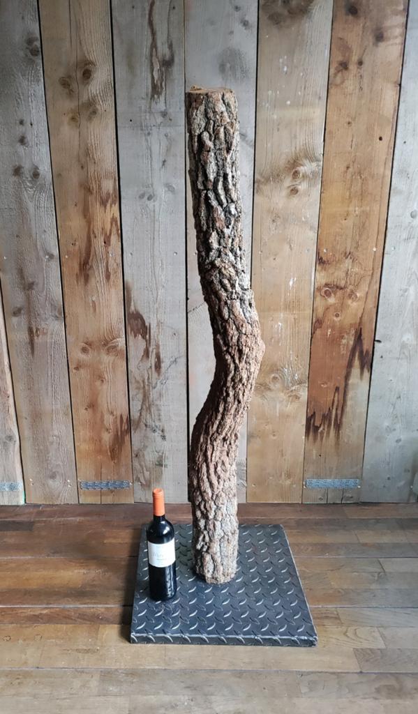 Boomstronk op stalen plaat (krabpaal , decoratie of lamp), Ophalen of Verzenden, Gebruikt