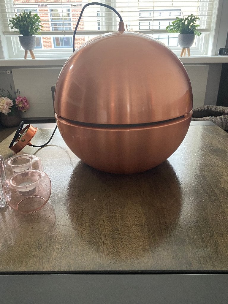 2 stuks, Zuiver Art Deco koperen bol hanglamp, Ophalen, E27 (groot), Zo goed als nieuw, Metaal