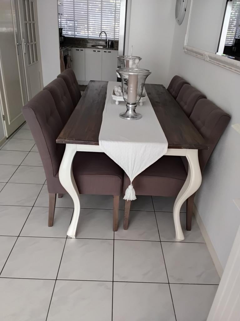 Prachtige landelijke eettafel met 6 stoelen Queen Ann style, Zo goed als nieuw, Vijf personen of meer, 150 tot 200 cm, Rechthoekig