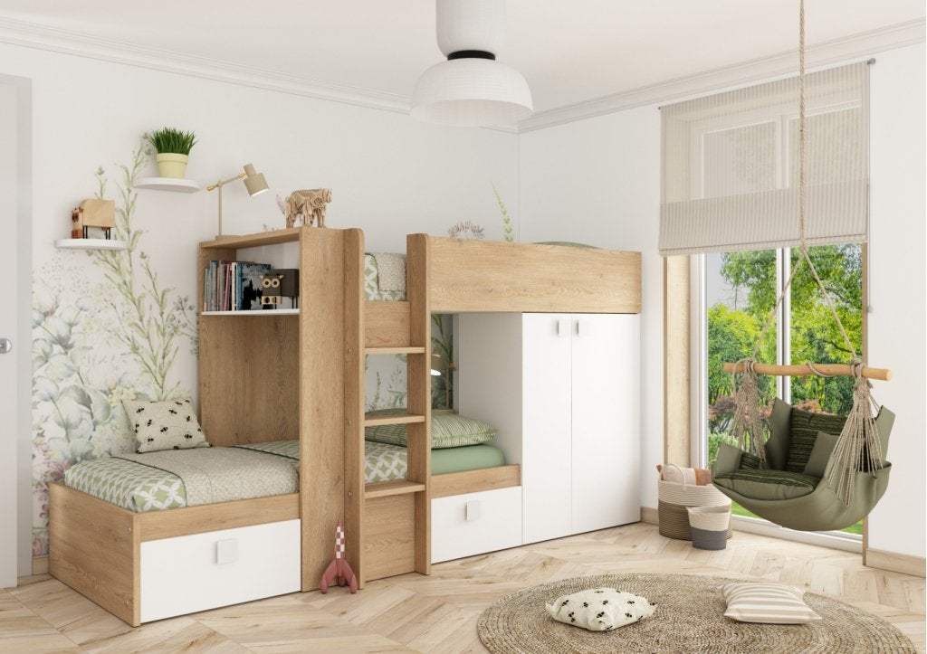 Maxim Multifunctioneel Stapelbed - 90x200 - Eikenkleur/wit, Niet ingevuld, Niet ingevuld, Niet ingevuld
