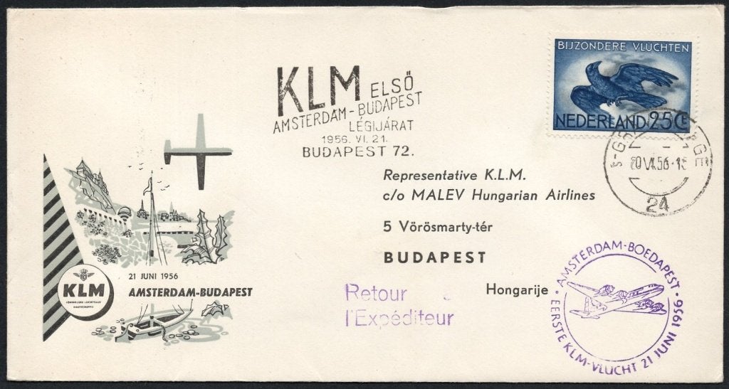1e KLM vlucht Budapest Hongarije 1956, Postzegels en Munten, Verzenden, Envelop