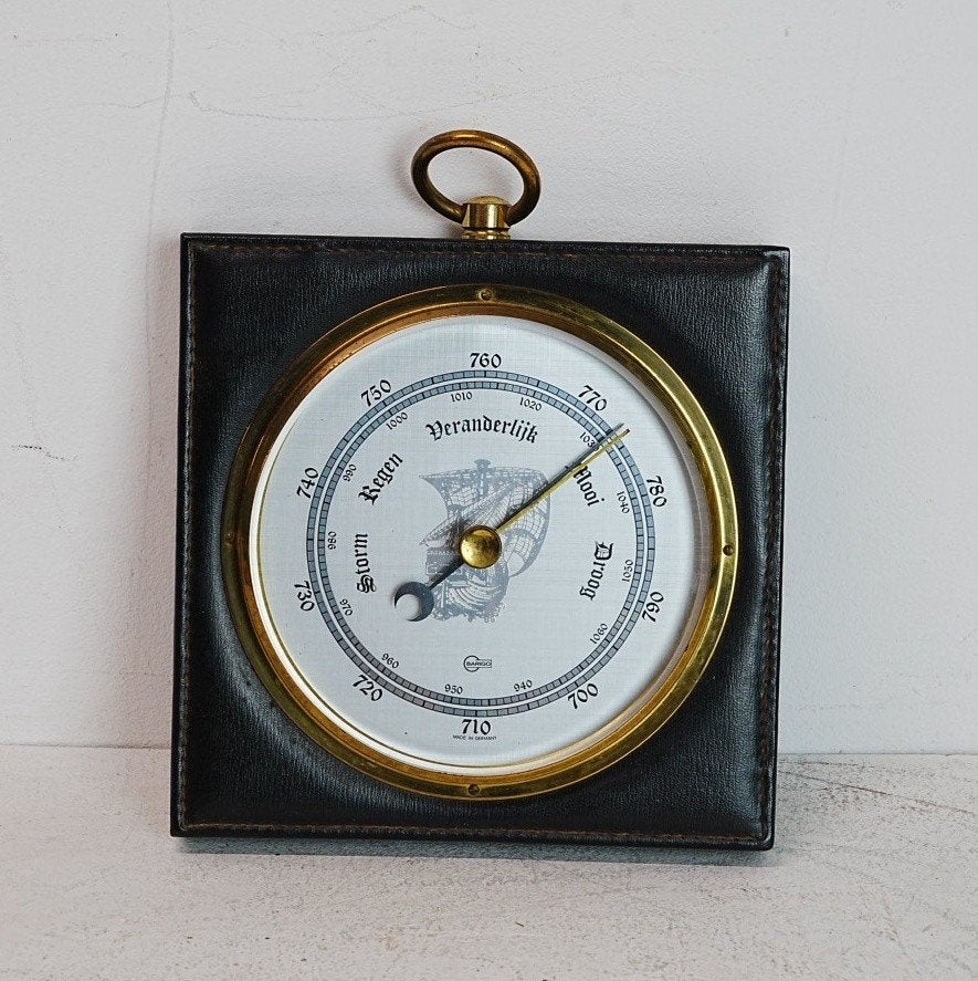 Vintage Barigo barometer -  in Zwart Leer en Messing, Ophalen of Verzenden, Gebruikt, Barometer