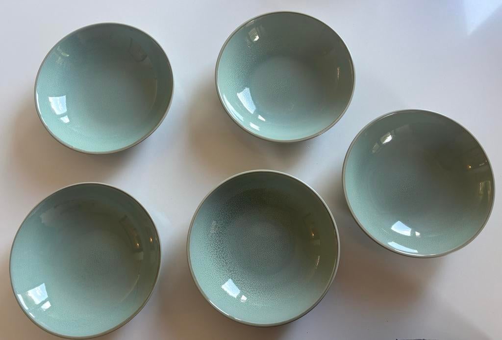5 Keramieken diepe borden groen/blauw, Ophalen, Keramiek, Zo goed als nieuw, Bord(en)