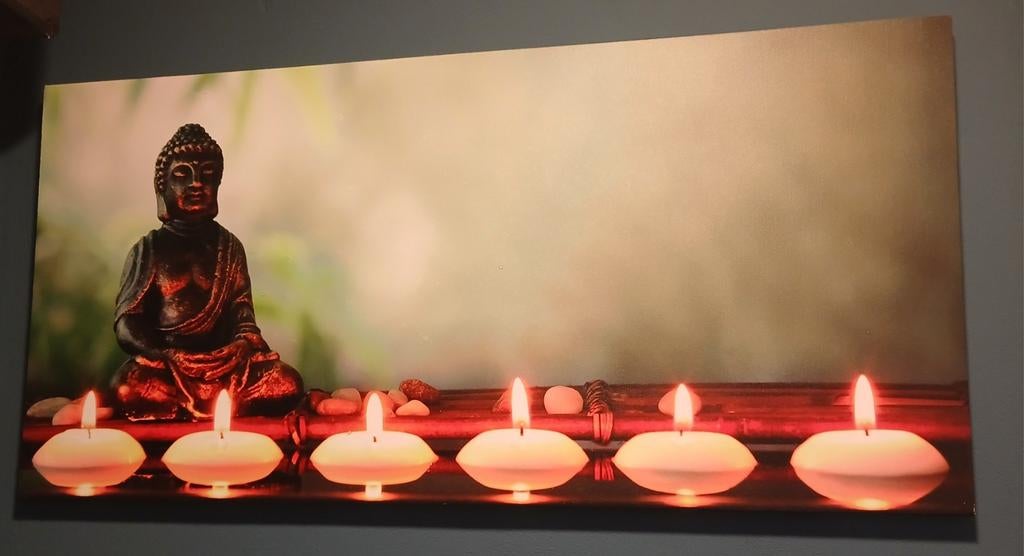Boeddha met kaarsen canvas schilderij, Huis en Inrichting, Woonaccessoires | Schilderijen, Tekeningen en Foto's, Ophalen of Verzenden