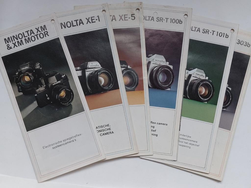 Zes oude folders van Minolta, Verzamelen, Ophalen of Verzenden