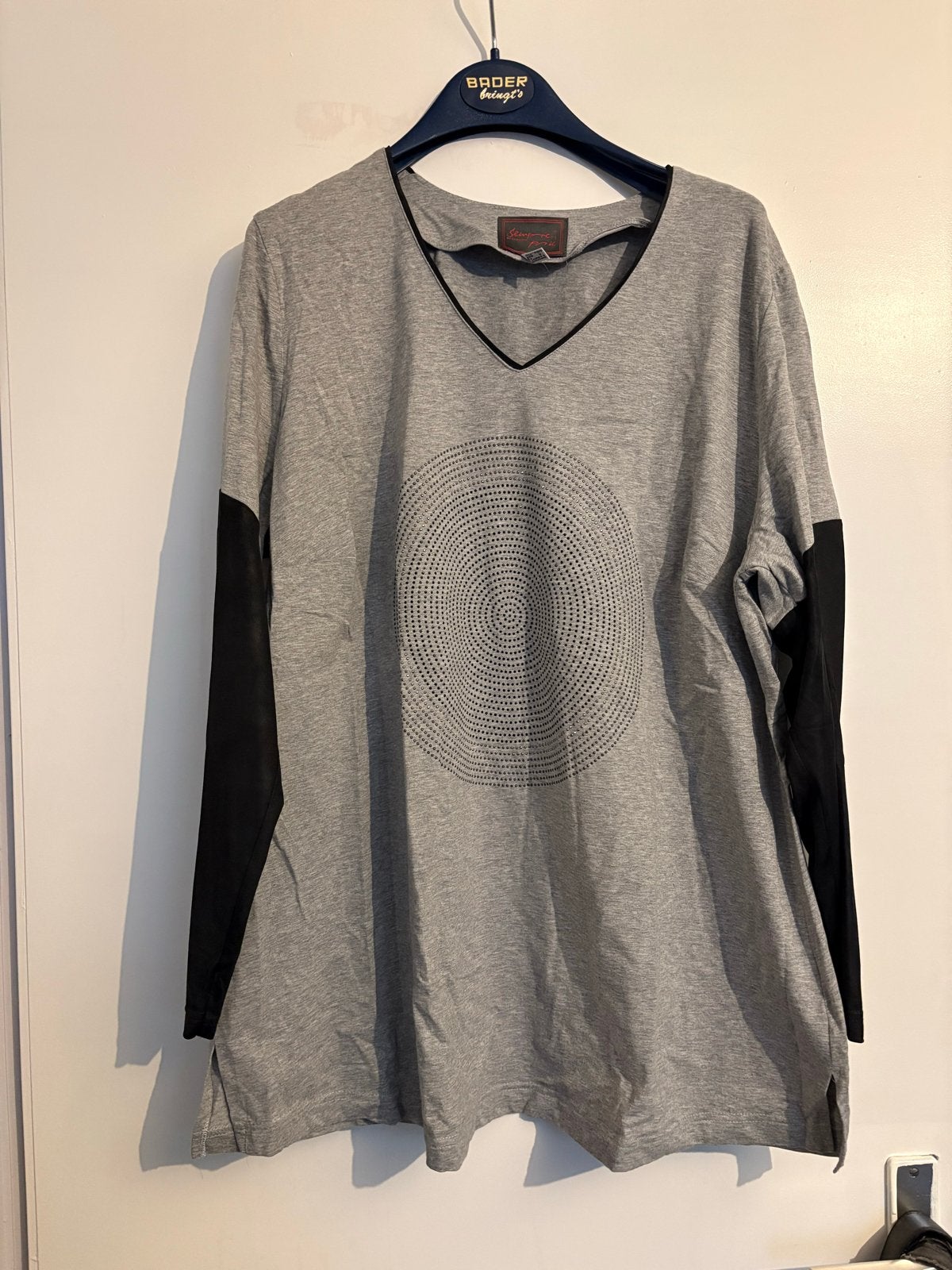 Sempre Piu  shirt , leder look mouwen, maat 48, Kleding | Dames, Ophalen of Verzenden, Zo goed als nieuw, Grijs, Shirt of Top