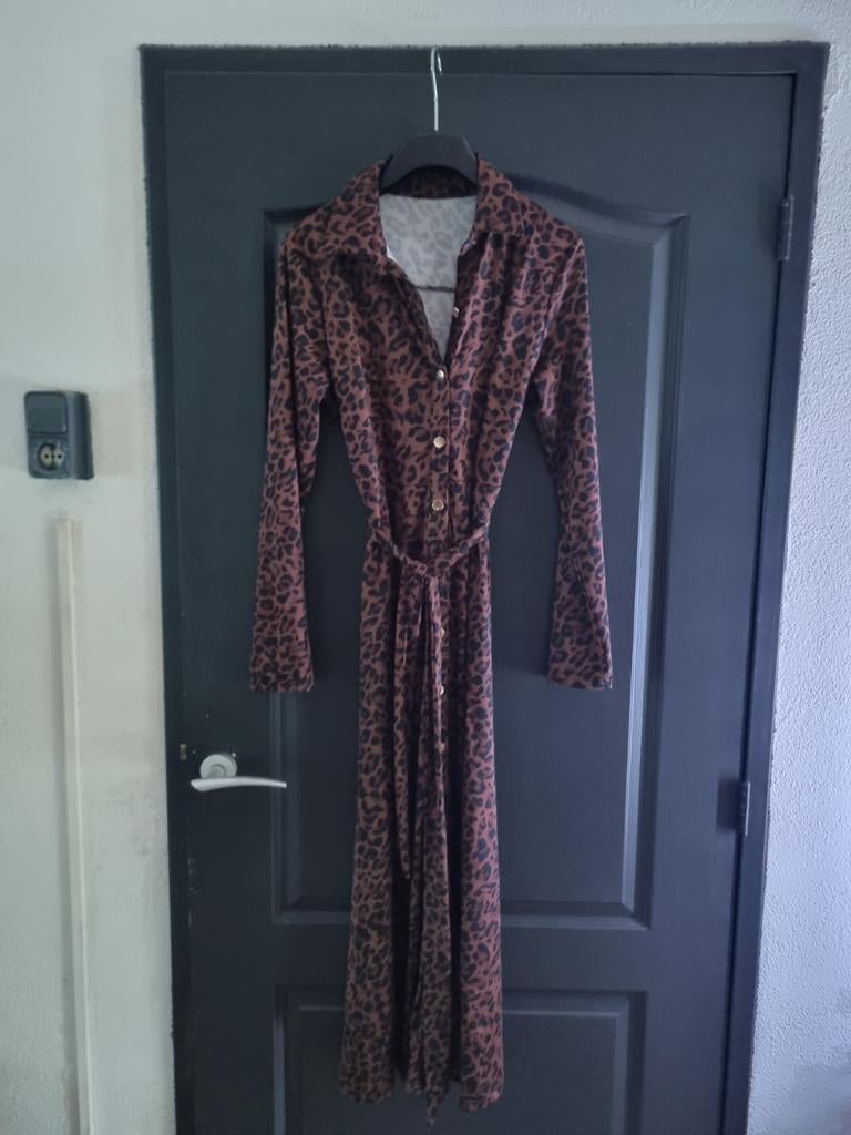 Leopardprint Jurk met Knoopjes en Ceintuur, Maat 38/40 (M), Bruin, Ophalen of Verzenden, Onder de knie