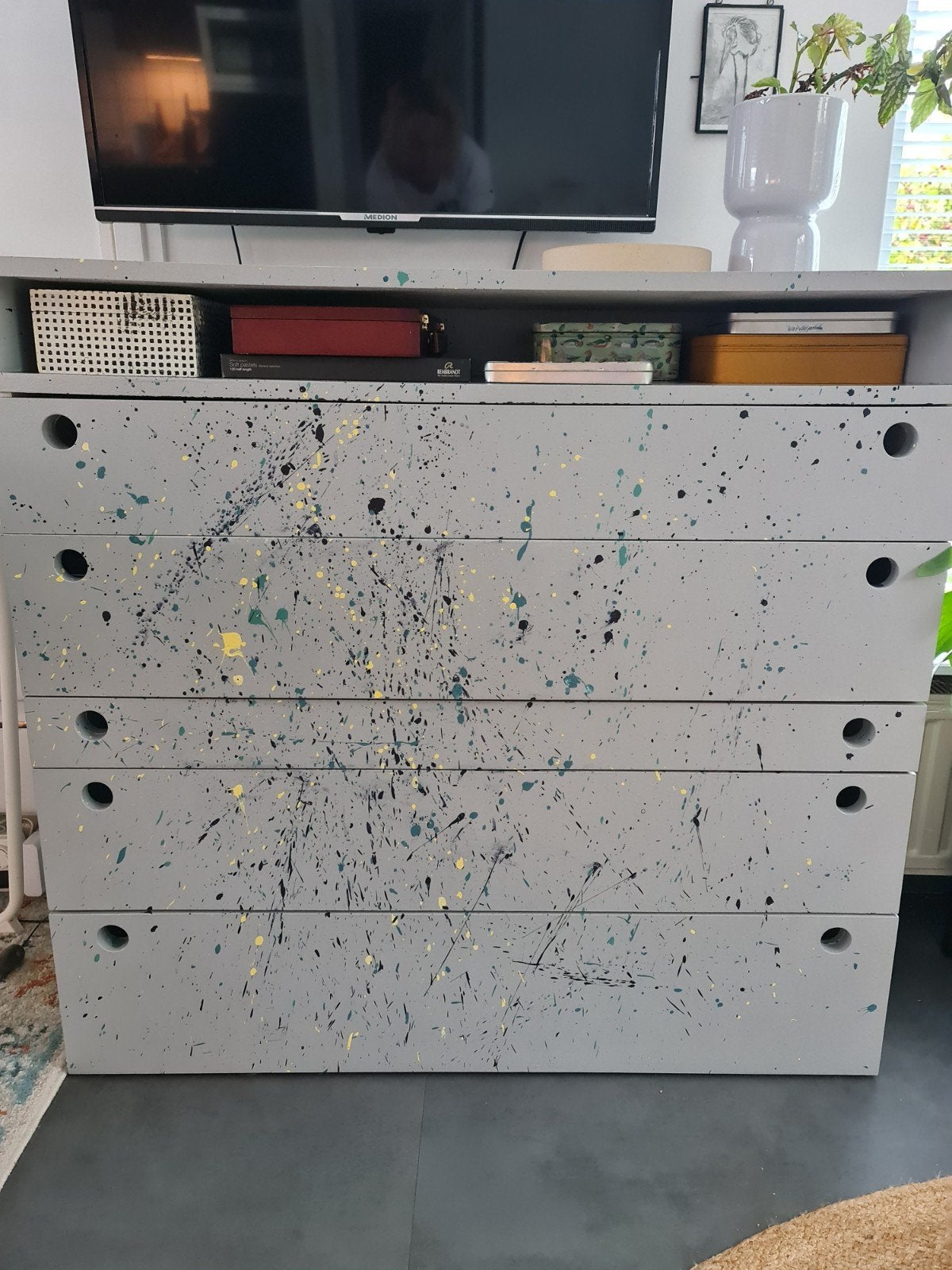 Commode met 3 laden en uniek spetterdesign, Ophalen, Gebruikt, 5 laden of meer, 50 tot 100 cm