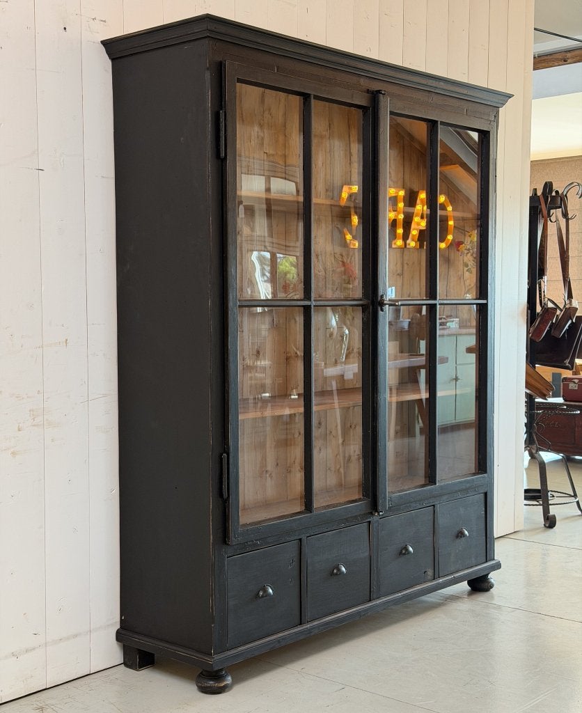 Vintage buffetkast zwart | Vitrinekast | Kast hout en glas, Ophalen, Gebruikt