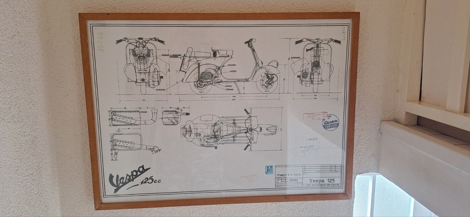 Vintage oldtimer Vespa 125cc, 1955, Blauwdruk,  50cm x 70cm, Verzenden, Deurposter of groter, Rechthoekig Liggend, Zo goed als nieuw