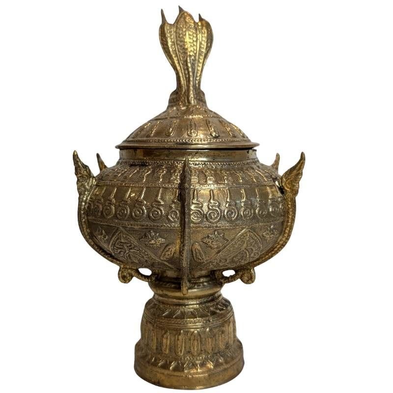 Bronzen offerkom met Naga – Thailand/Laos – 19e eeuw, Ophalen of Verzenden, Brons
