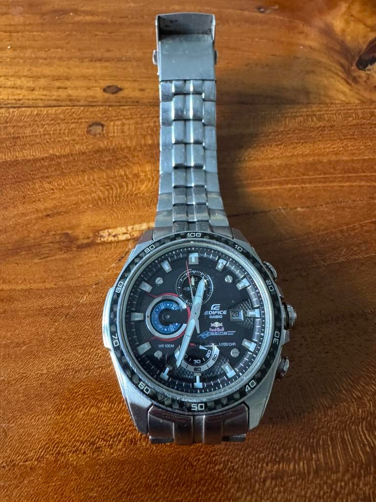Edifice casio Red Bull Racing Limited Edition 5204 carbon, Gebruikt, Staal, Polshorloge, Ophalen of Verzenden