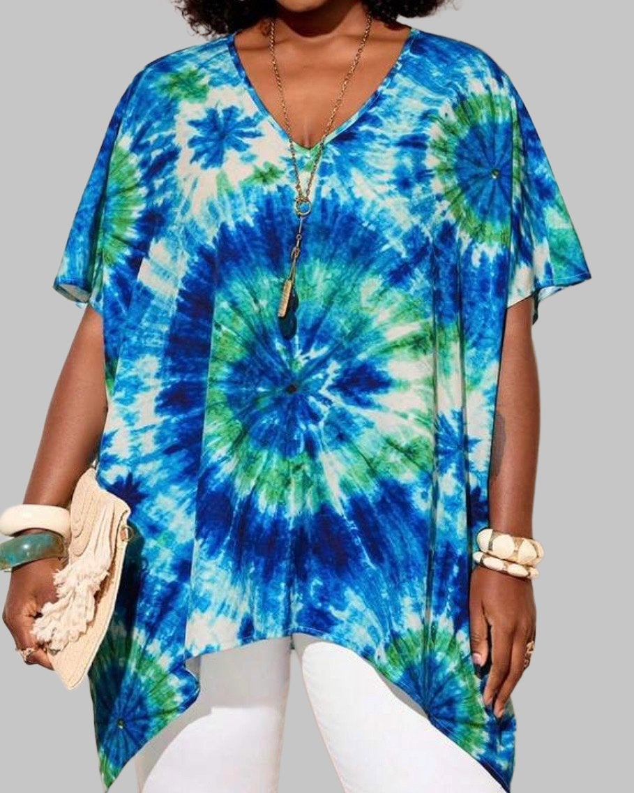 Tie-dye Kaftan Top - Blauw/Groen (46-54), Kleding | Dames, Grote Maten, Verzenden, Nieuw, Blauw, Shirt of Top