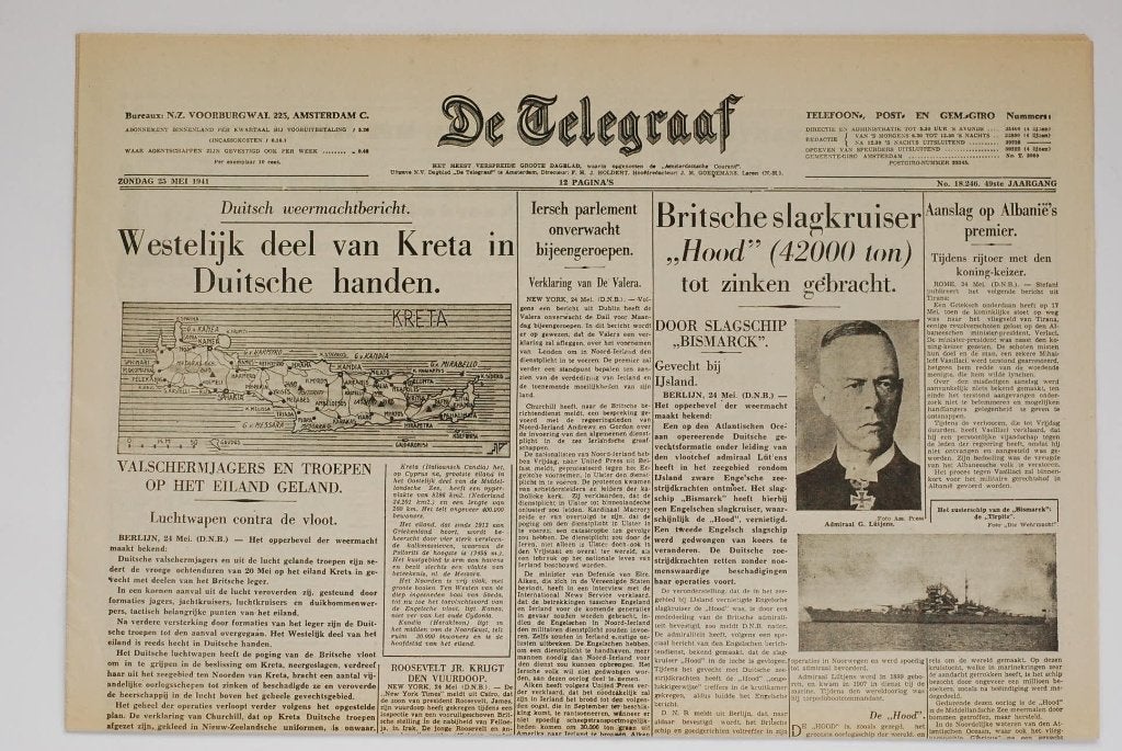Krant De Telegraaf Slagkruiser Hood gezonken 1941 Heruitgave, Zo goed als nieuw, Verzenden, Amsterdam, Overige soorten