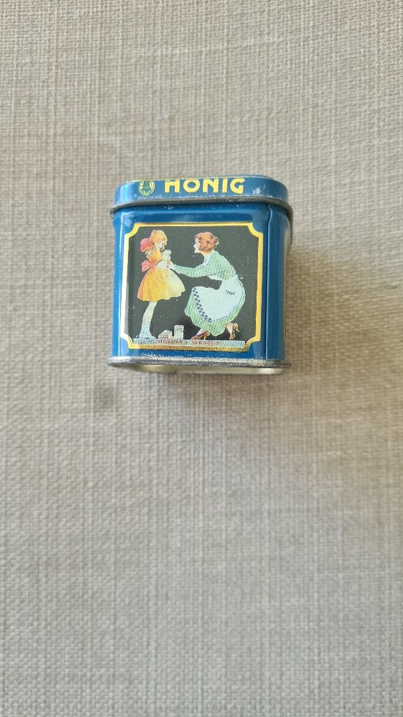 Vintage Honig blikje - Blauw met afbeelding, Verzamelen, Ophalen of Verzenden, Gebruikt, Overige, Overige merken