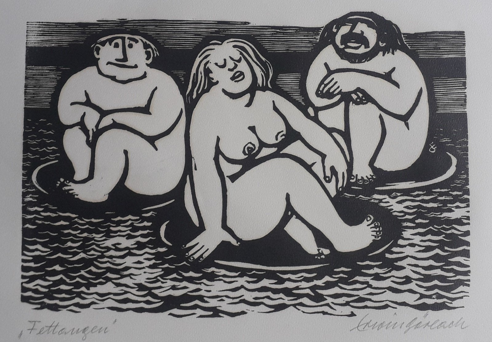 3 FIGUREN NAAKT IN HET WATER>GESIGNEERDE HOUTSNEDE, Ophalen of Verzenden, Houtsnede, Gesigneerd