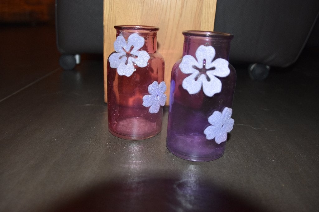 Setje van glazen vaasjes, Paars, Ophalen of Verzenden, 13 cm, Glas