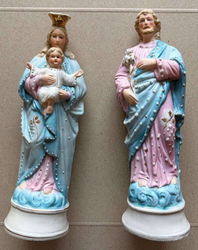 Antiek Mariabeeld met kind en Jozef beeld - Porselein, Ophalen, Gebruikt, Beeld(je), Christendom | Katholiek