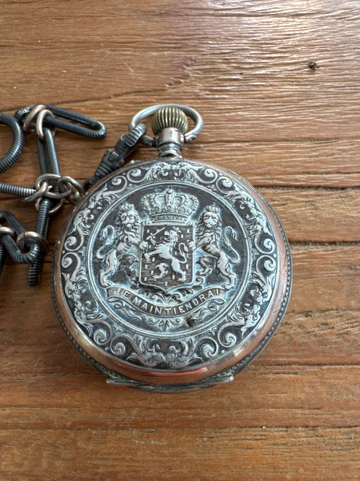 Antiek zakhorloge met Nederlands wapen en ketting, Ophalen of Verzenden, Zilver, Overige typen