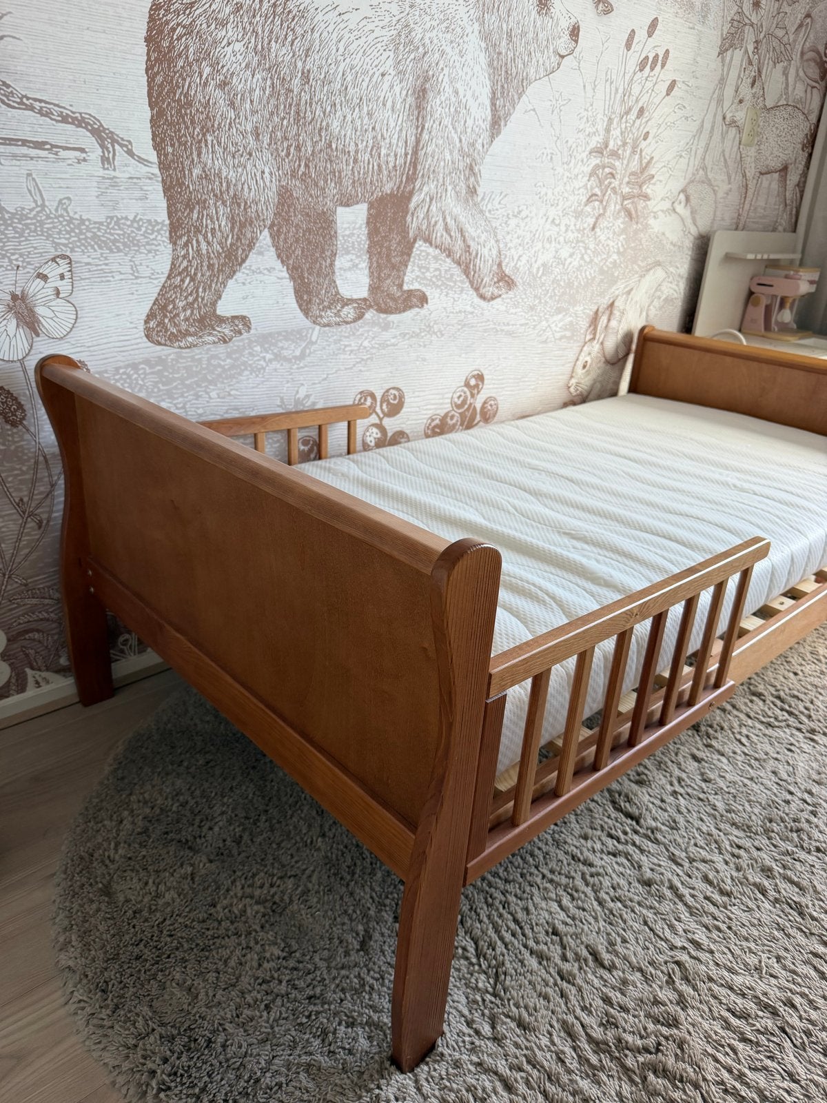 Woodies - Houten peuterbed met matras en lattenbodem, Ophalen, Gebruikt, 70 tot 85 cm, Lattenbodem