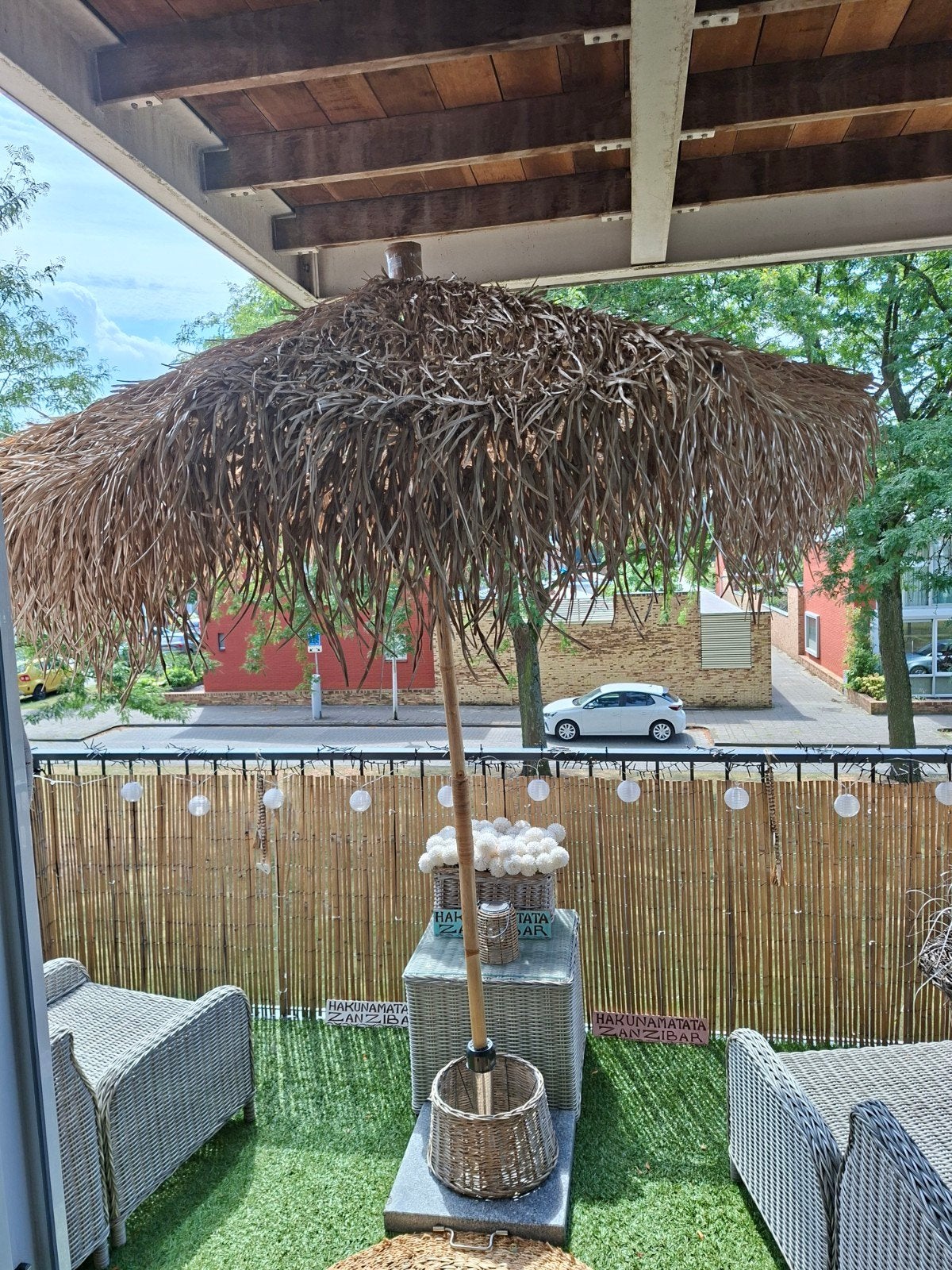 Prachtige bamboe parasol met bananenblad Ø 210 cm 1 jaar oud, Ophalen, Zo goed als nieuw, 2 tot 3 meter, Overige typen